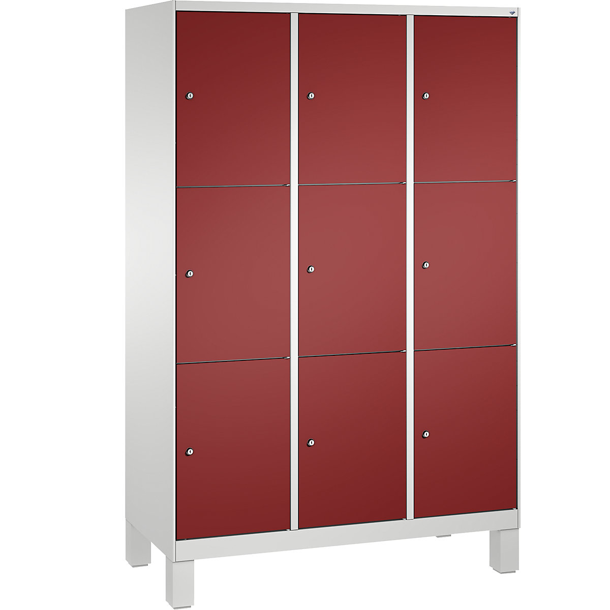 EVOLO locker unit, with feet – C+P, 3 compartments, 3 shelf compartments each, compartment width 400 mm, light grey / ruby red-16