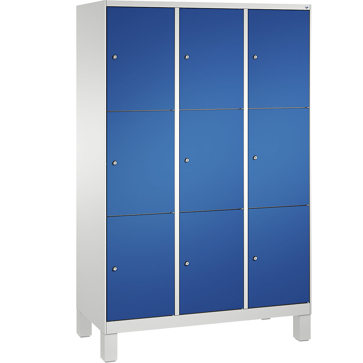 EVOLO locker unit, with feet – C+P, 3 compartments, 3 shelf compartments each, compartment width 400 mm, light grey / gentian blue-5