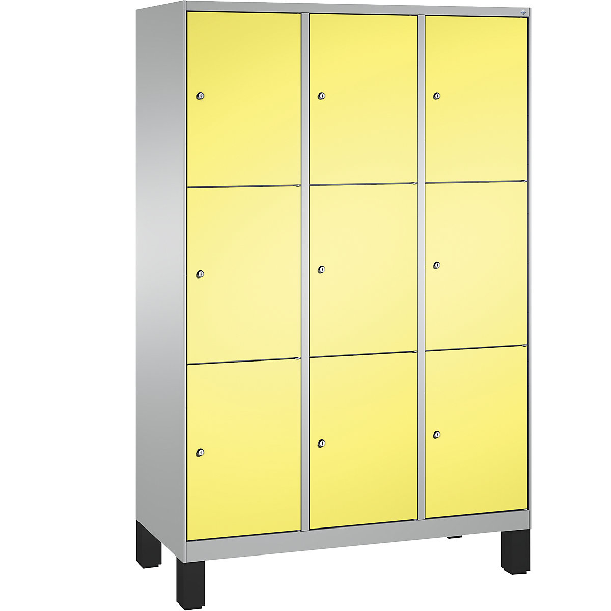 EVOLO locker unit, with feet – C+P, 3 compartments, 3 shelf compartments each, compartment width 400 mm, white aluminium / sulphur yellow-10