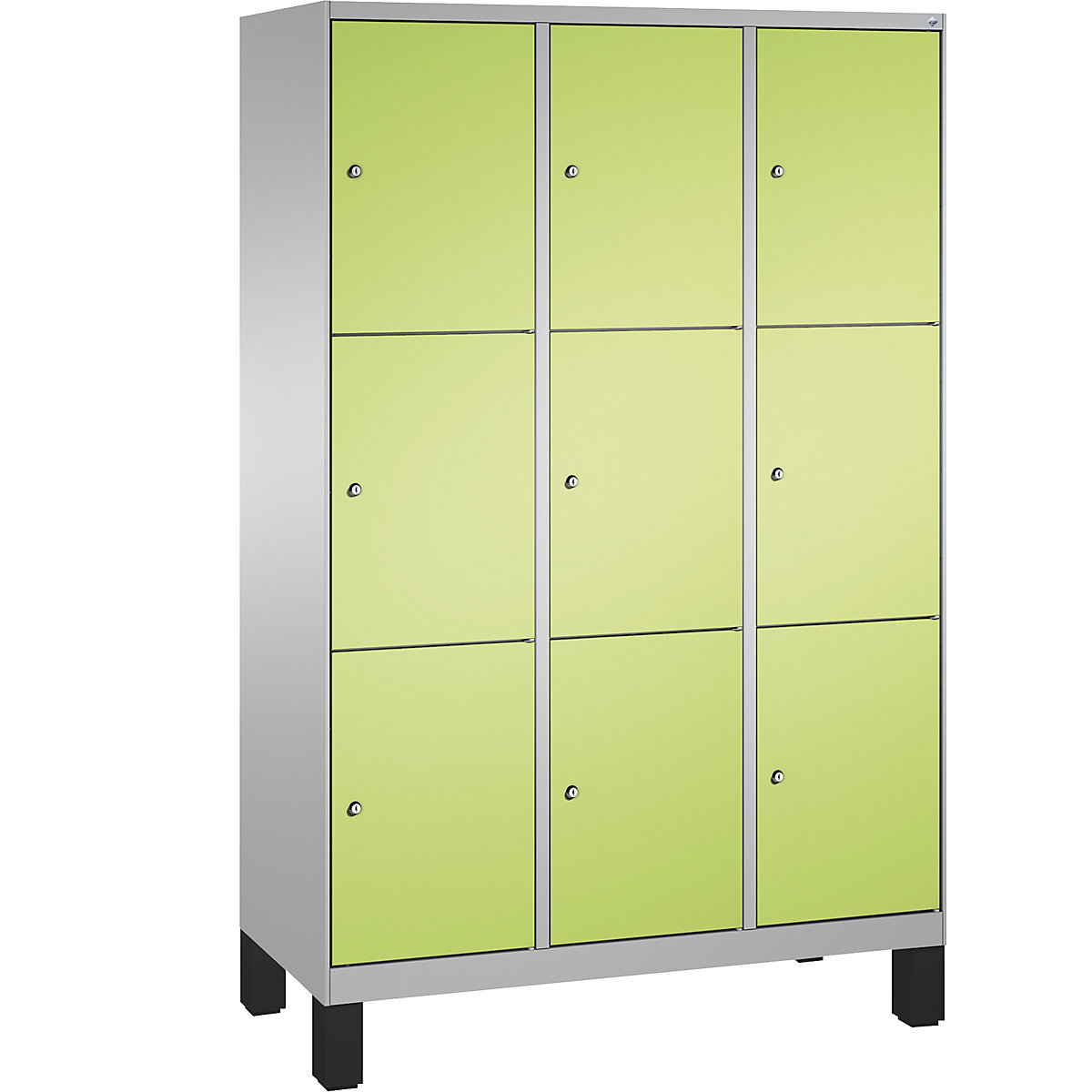 EVOLO locker unit, with feet – C+P, 3 compartments, 3 shelf compartments each, compartment width 400 mm, white aluminium / viridian green-14