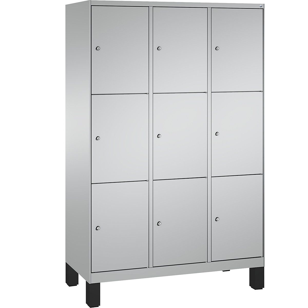 EVOLO locker unit, with feet – C+P, 3 compartments, 3 shelf compartments each, compartment width 400 mm, white aluminium / white aluminium-6