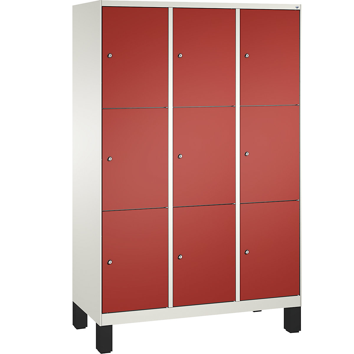 EVOLO locker unit, with feet – C+P, 3 compartments, 3 shelf compartments each, compartment width 400 mm, traffic white / flame red-15