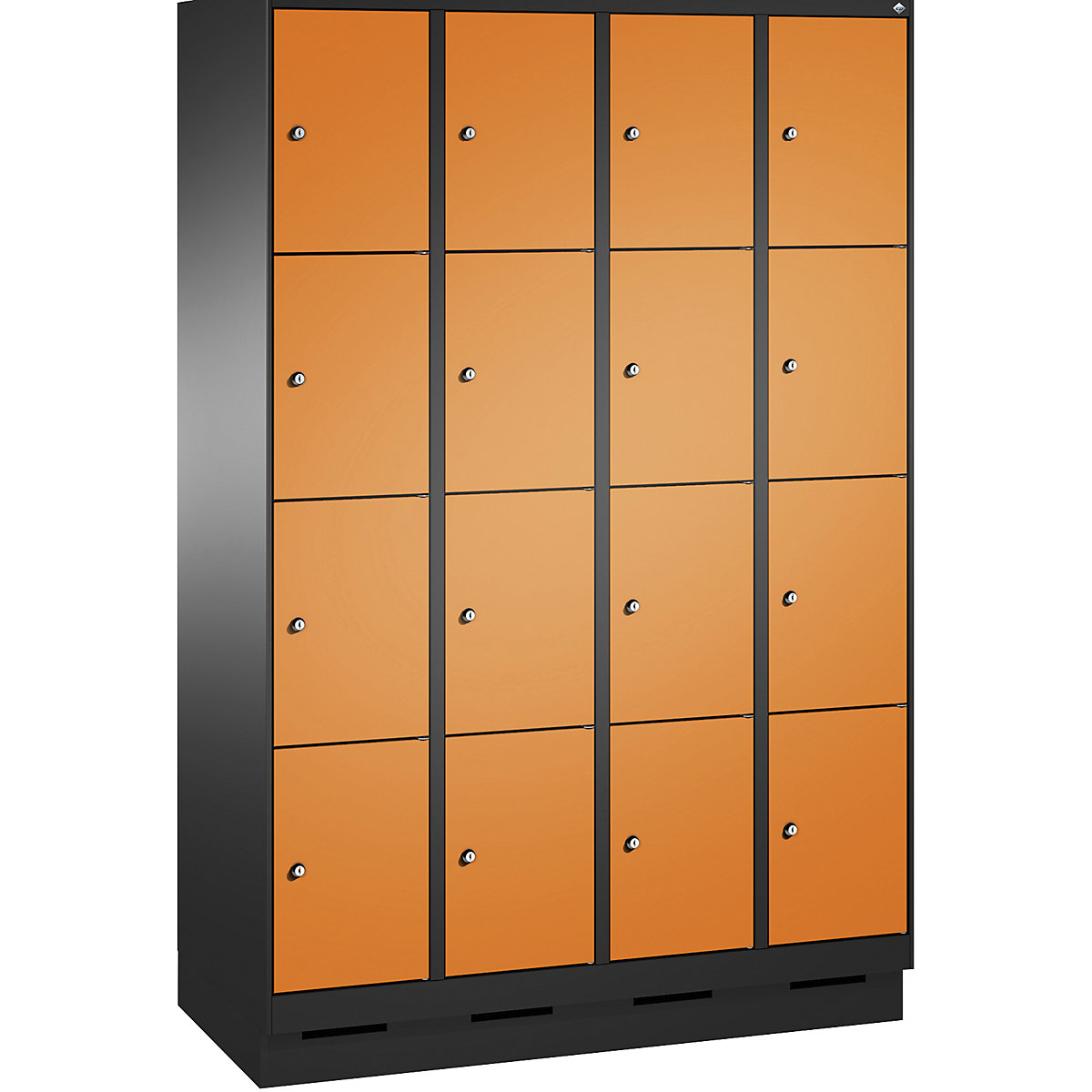 EVOLO locker unit, with plinth – C+P, 4 compartments, 4 shelf compartments each, compartment width 300 mm, black grey / yellow orange