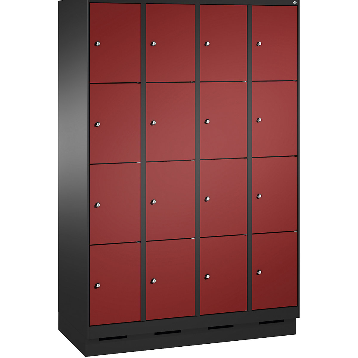 EVOLO locker unit, with plinth – C+P, 4 compartments, 4 shelf compartments each, compartment width 300 mm, black grey / ruby red