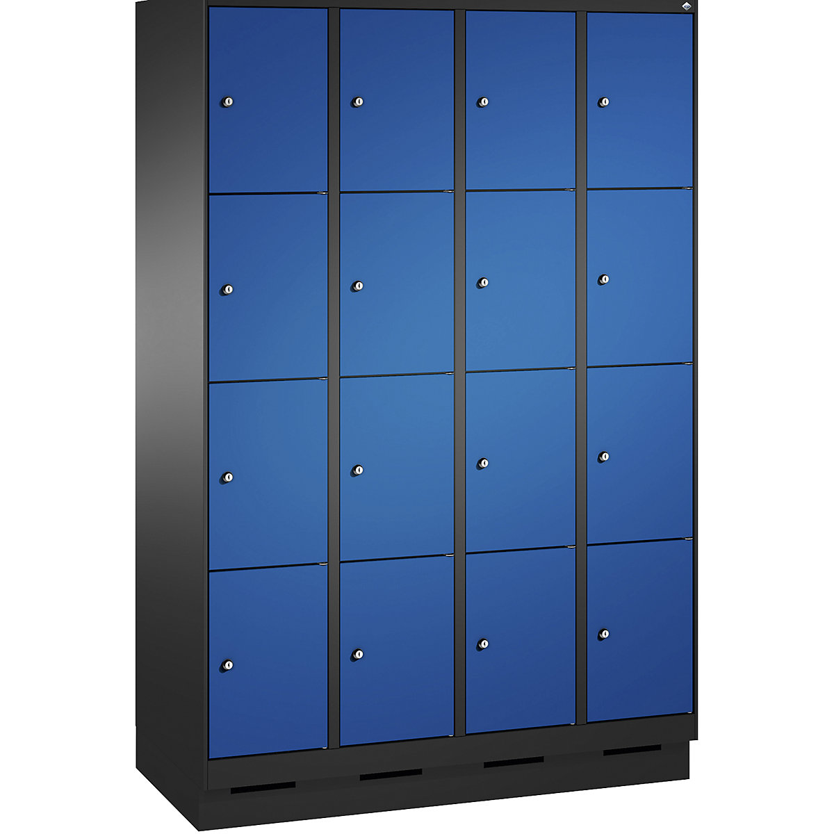 EVOLO locker unit, with plinth – C+P, 4 compartments, 4 shelf compartments each, compartment width 300 mm, black grey / gentian blue