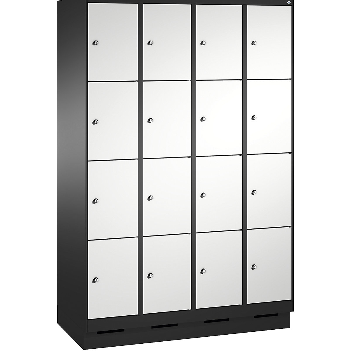 EVOLO locker unit, with plinth – C+P, 4 compartments, 4 shelf compartments each, compartment width 300 mm, black grey / light grey