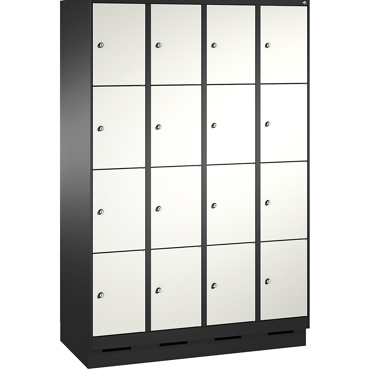 EVOLO locker unit, with plinth – C+P, 4 compartments, 4 shelf compartments each, compartment width 300 mm, black grey / traffic white