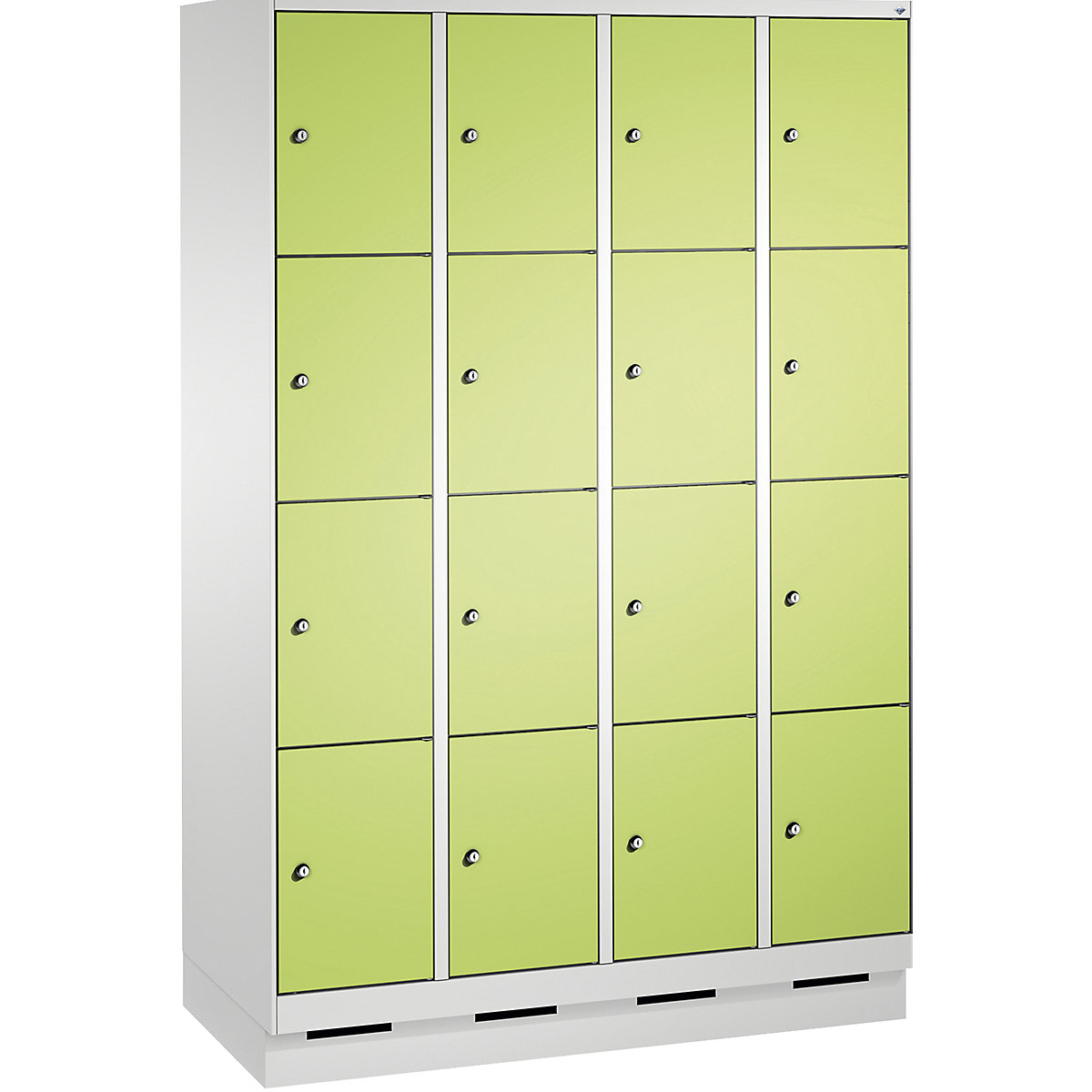 EVOLO locker unit, with plinth – C+P, 4 compartments, 4 shelf compartments each, compartment width 300 mm, light grey / viridian green