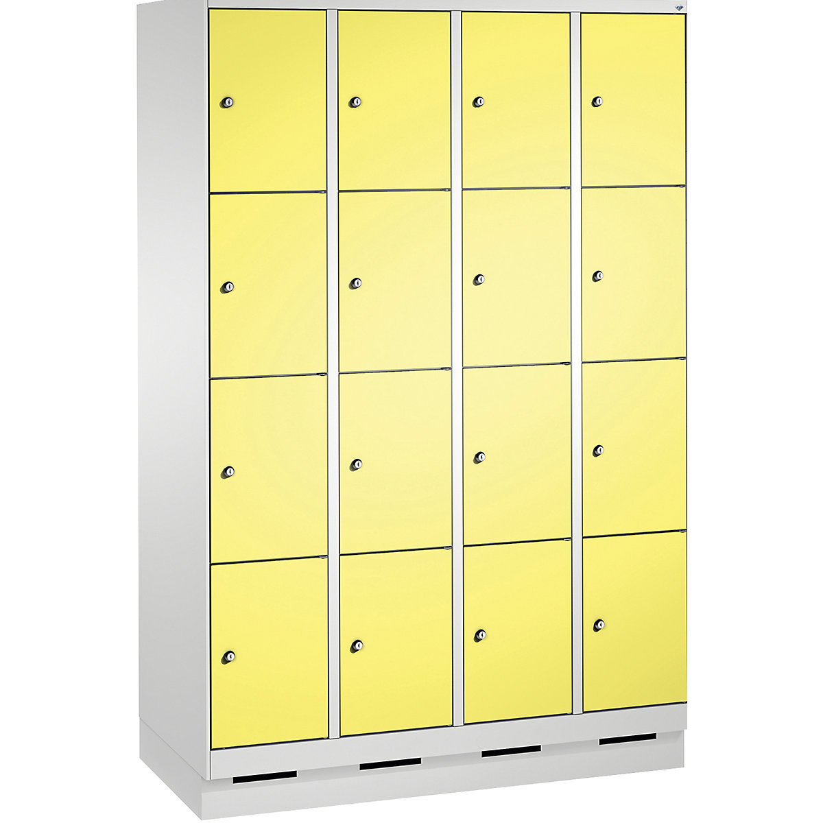 EVOLO locker unit, with plinth – C+P, 4 compartments, 4 shelf compartments each, compartment width 300 mm, light grey / sulphur yellow