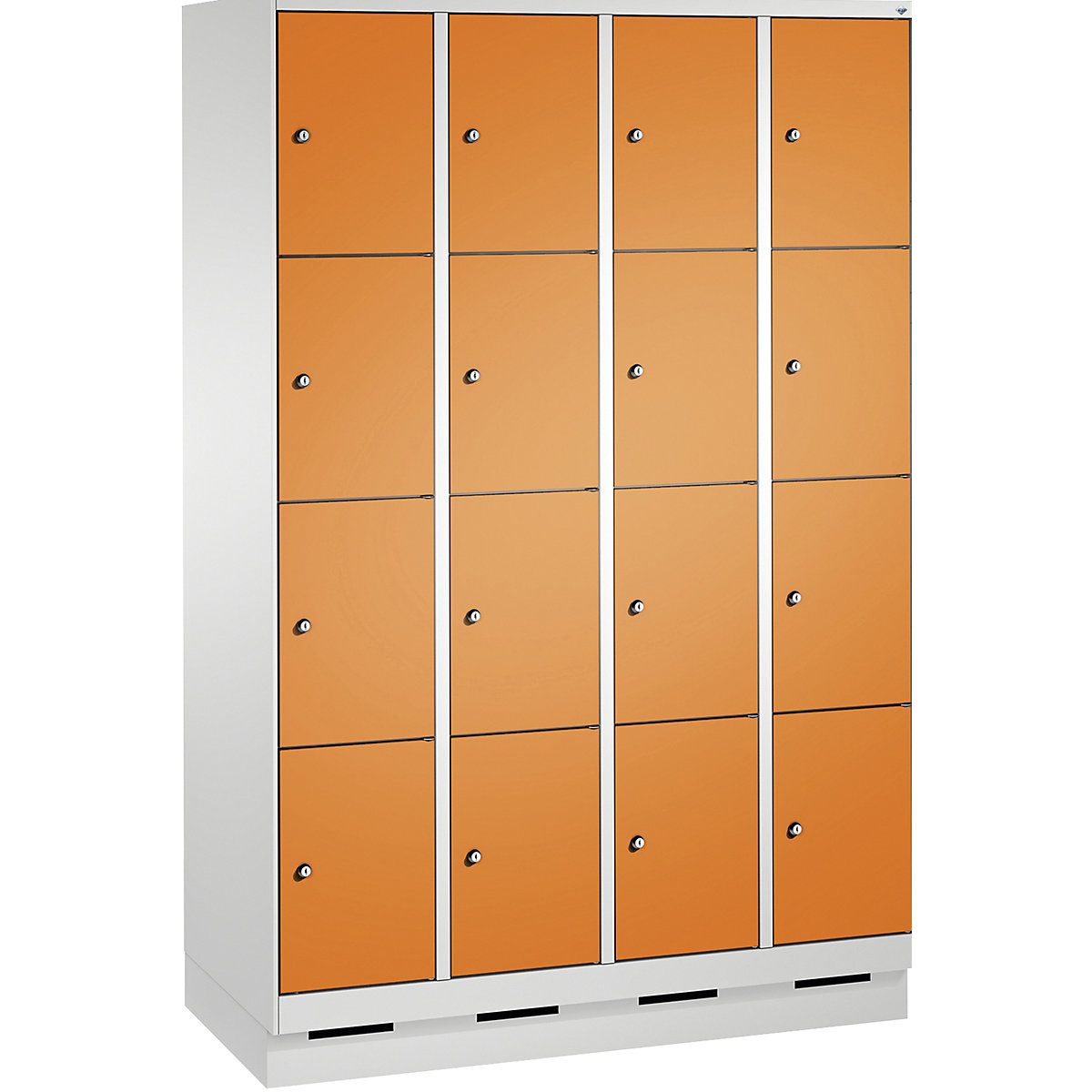 EVOLO locker unit, with plinth – C+P, 4 compartments, 4 shelf compartments each, compartment width 300 mm, light grey / yellow orange