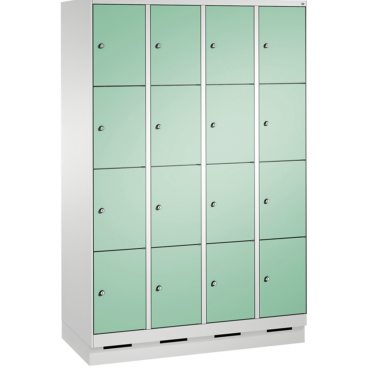 EVOLO locker unit, with plinth – C+P, 4 compartments, 4 shelf compartments each, compartment width 300 mm, light grey / light green