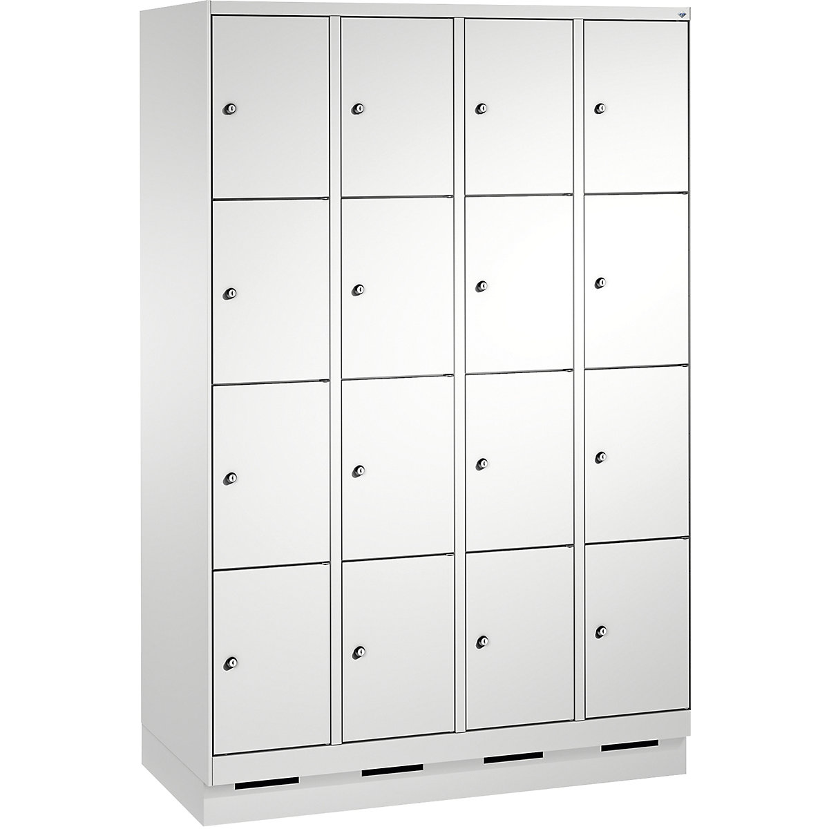 EVOLO locker unit, with plinth – C+P, 4 compartments, 4 shelf compartments each, compartment width 300 mm, light grey / light grey