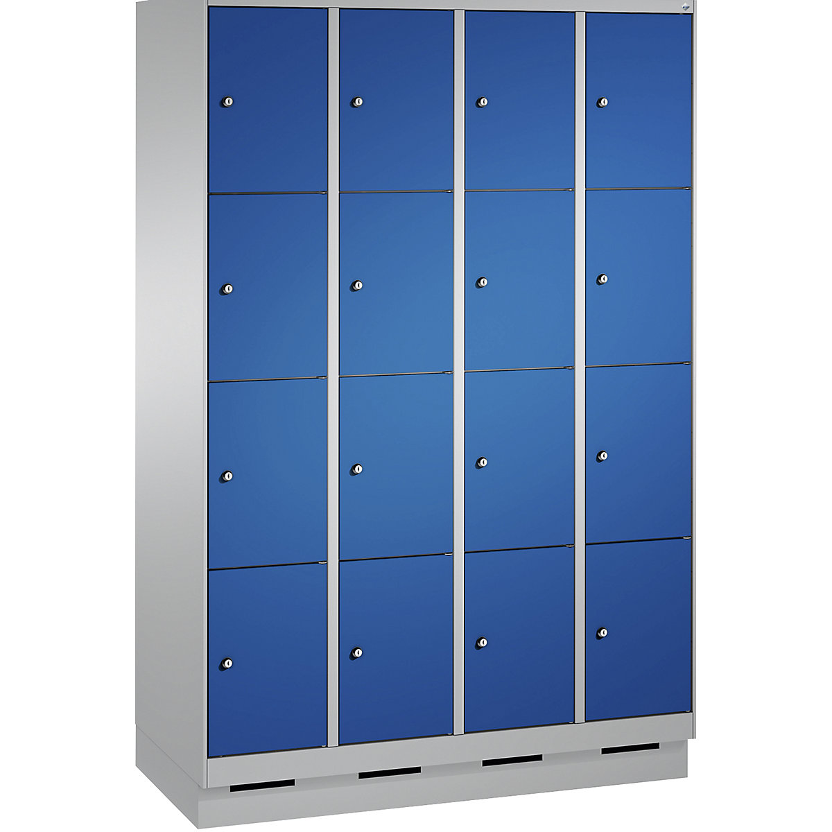 EVOLO locker unit, with plinth – C+P, 4 compartments, 4 shelf compartments each, compartment width 300 mm, white aluminium / gentian blue
