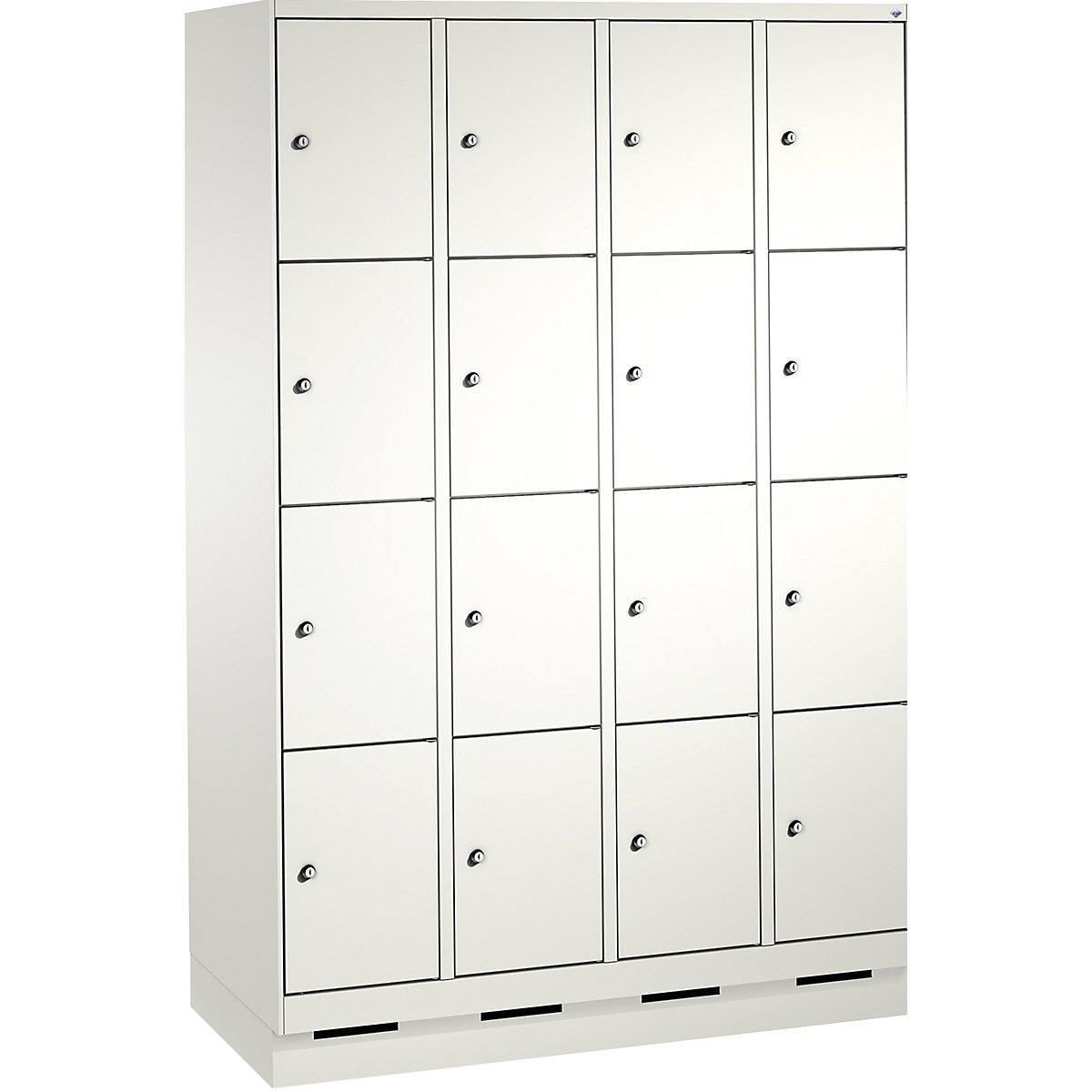 EVOLO locker unit, with plinth – C+P, 4 compartments, 4 shelf compartments each, compartment width 300 mm, traffic white / traffic white