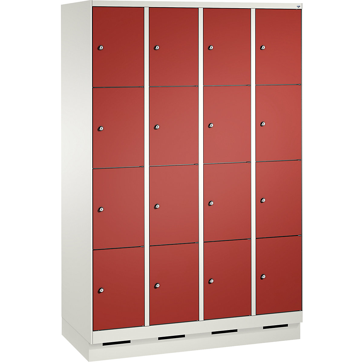 EVOLO locker unit, with plinth – C+P, 4 compartments, 4 shelf compartments each, compartment width 300 mm, traffic white / flame red