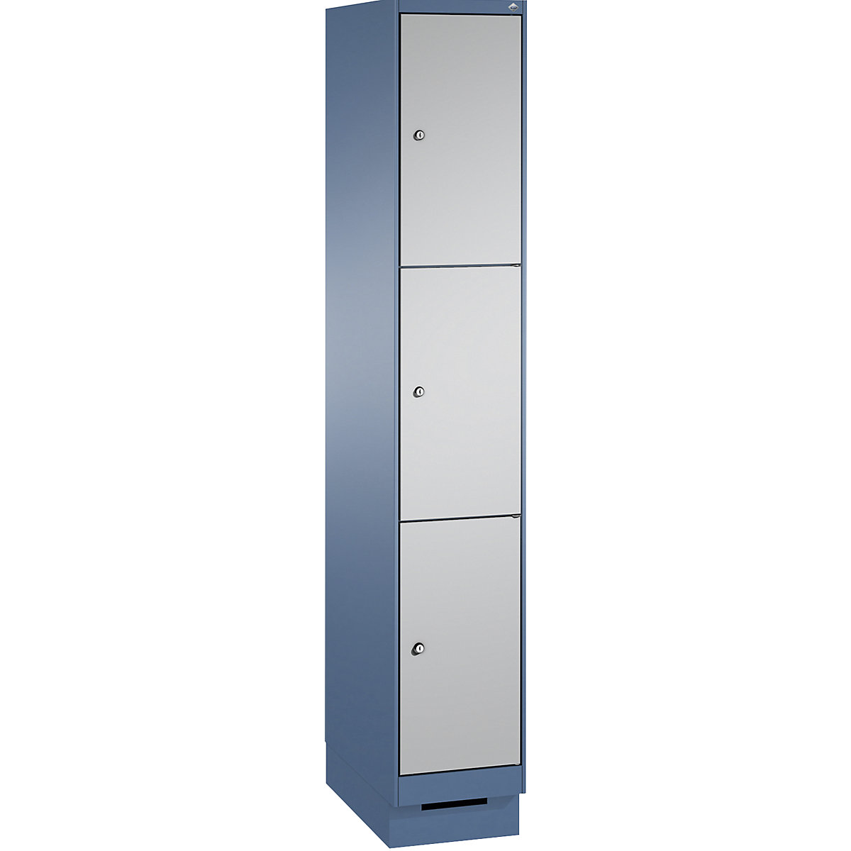 EVOLO locker unit, with plinth – C+P, 1 compartment, 3 shelf compartments, compartment width 300 mm, distant blue / white aluminium-10