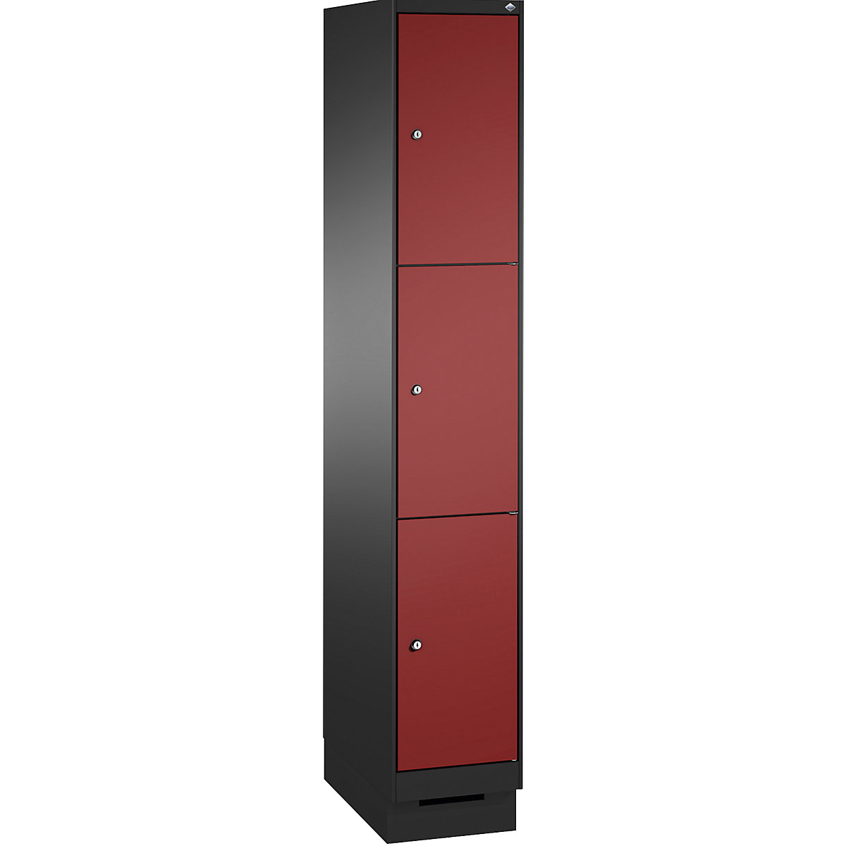 EVOLO locker unit, with plinth – C+P, 1 compartment, 3 shelf compartments, compartment width 300 mm, black grey / ruby red-6