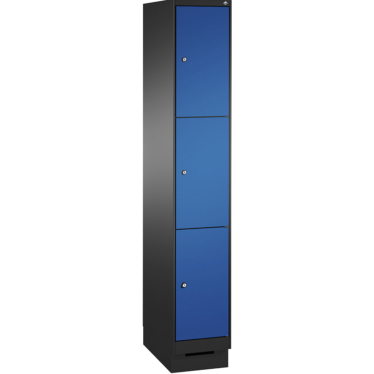 EVOLO locker unit, with plinth – C+P, 1 compartment, 3 shelf compartments, compartment width 300 mm, black grey / gentian blue-9