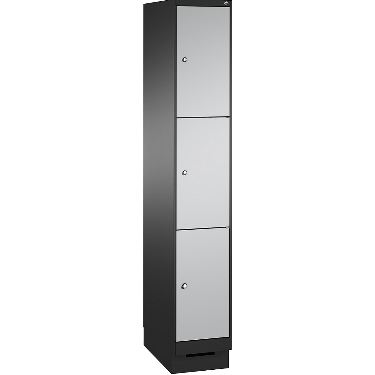 EVOLO locker unit, with plinth – C+P, 1 compartment, 3 shelf compartments, compartment width 300 mm, black grey / white aluminium-2