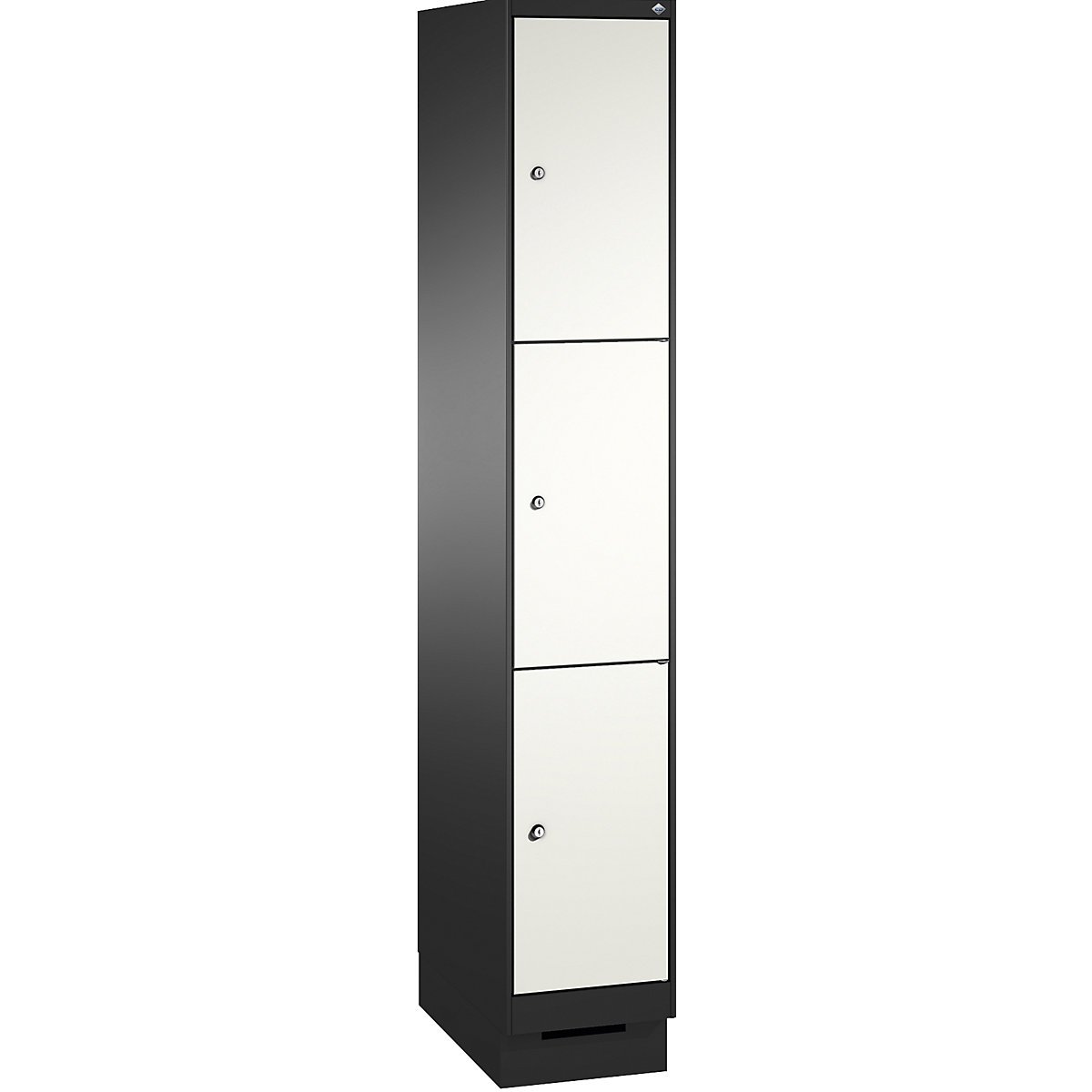 EVOLO locker unit, with plinth – C+P, 1 compartment, 3 shelf compartments, compartment width 300 mm, black grey / traffic white-4