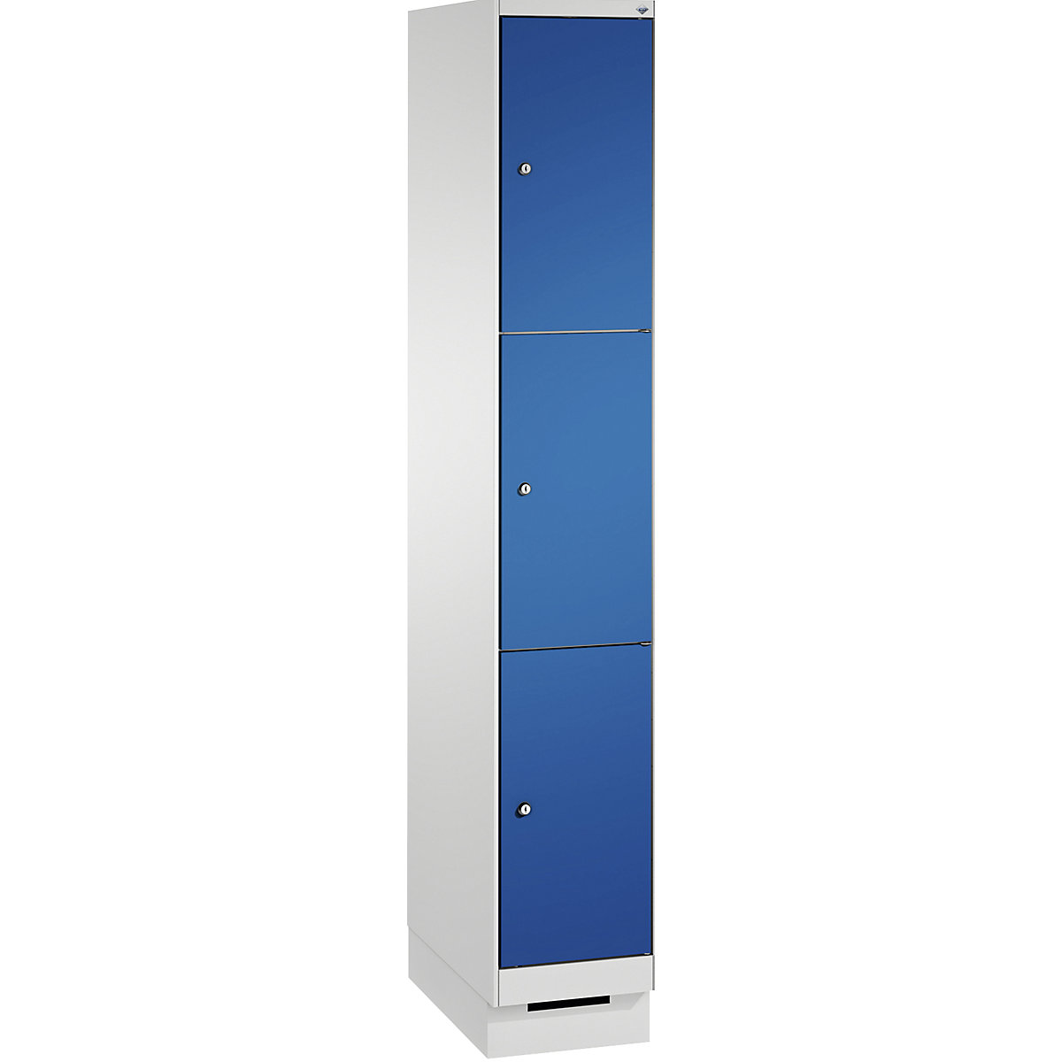 EVOLO locker unit, with plinth – C+P, 1 compartment, 3 shelf compartments, compartment width 300 mm, light grey / gentian blue-15