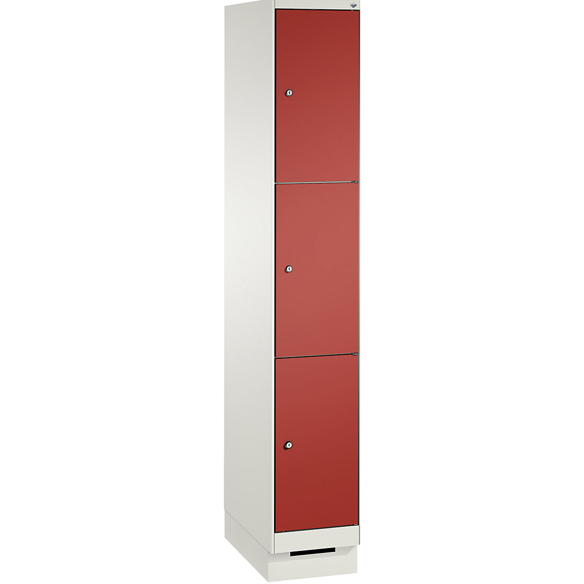 EVOLO locker unit, with plinth – C+P, 1 compartment, 3 shelf compartments, compartment width 300 mm, traffic white / flame red-3