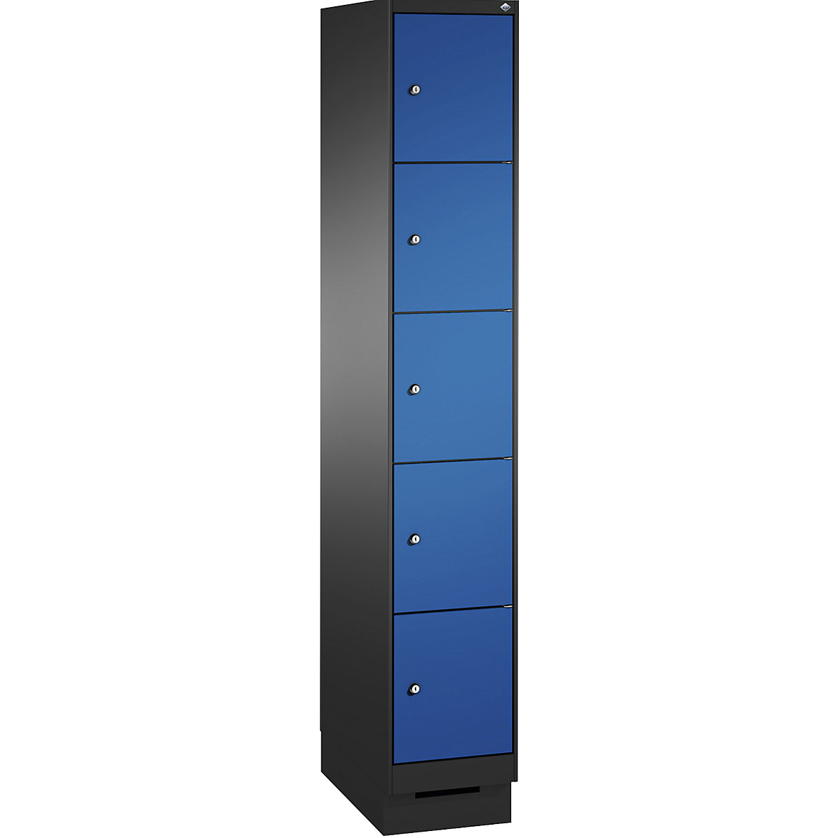 EVOLO locker unit, with plinth – C+P, 1 compartment, 5 shelf compartments, compartment width 300 mm, black grey / gentian blue-7