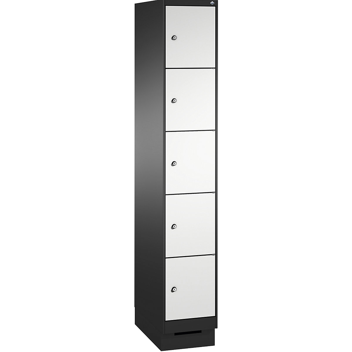 EVOLO locker unit, with plinth – C+P, 1 compartment, 5 shelf compartments, compartment width 300 mm, black grey / light grey-12
