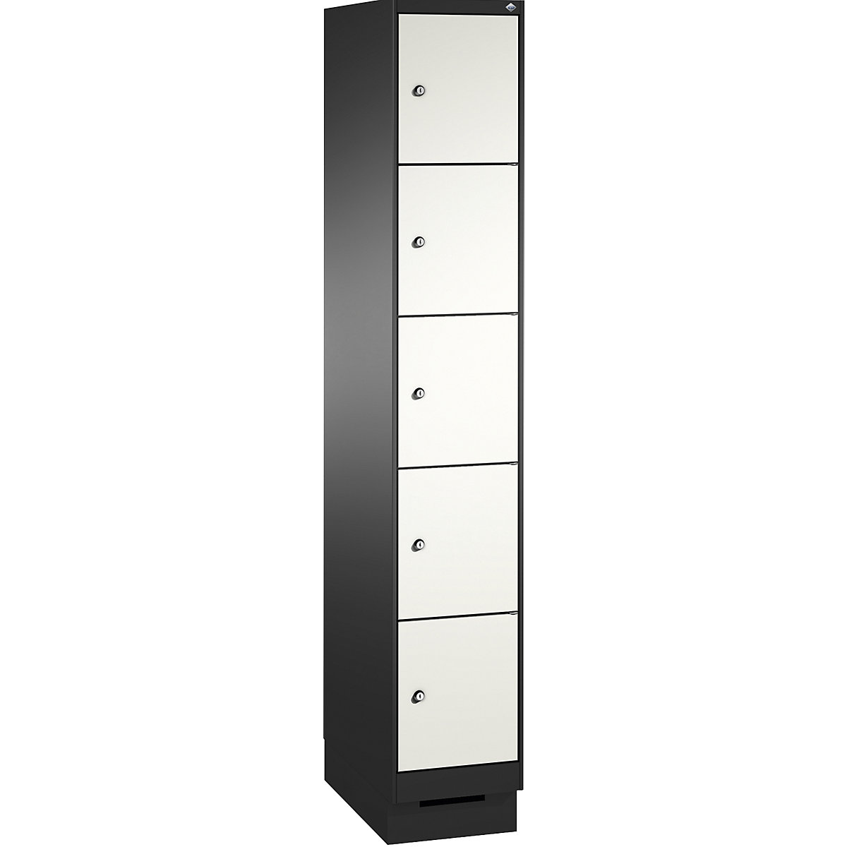 EVOLO locker unit, with plinth – C+P, 1 compartment, 5 shelf compartments, compartment width 300 mm, black grey / traffic white-10