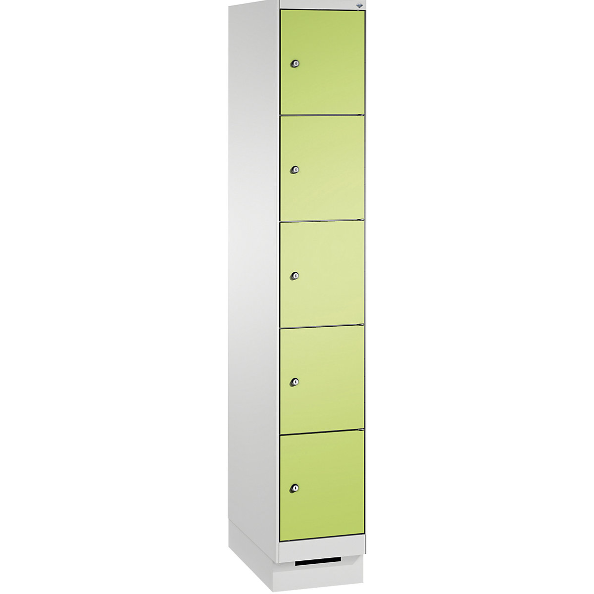 EVOLO locker unit, with plinth – C+P, 1 compartment, 5 shelf compartments, compartment width 300 mm, light grey / viridian green-9