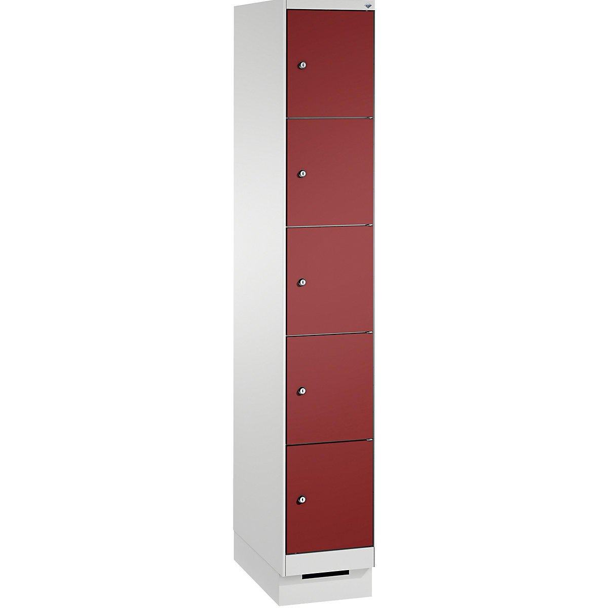 EVOLO locker unit, with plinth – C+P, 1 compartment, 5 shelf compartments, compartment width 300 mm, light grey / ruby red-11