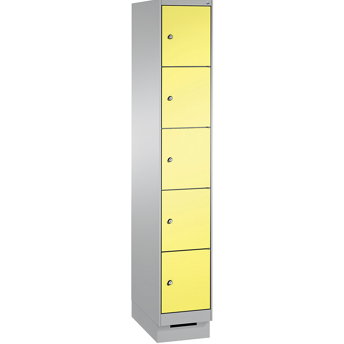 EVOLO locker unit, with plinth – C+P, 1 compartment, 5 shelf compartments, compartment width 300 mm, white aluminium / sulphur yellow-4