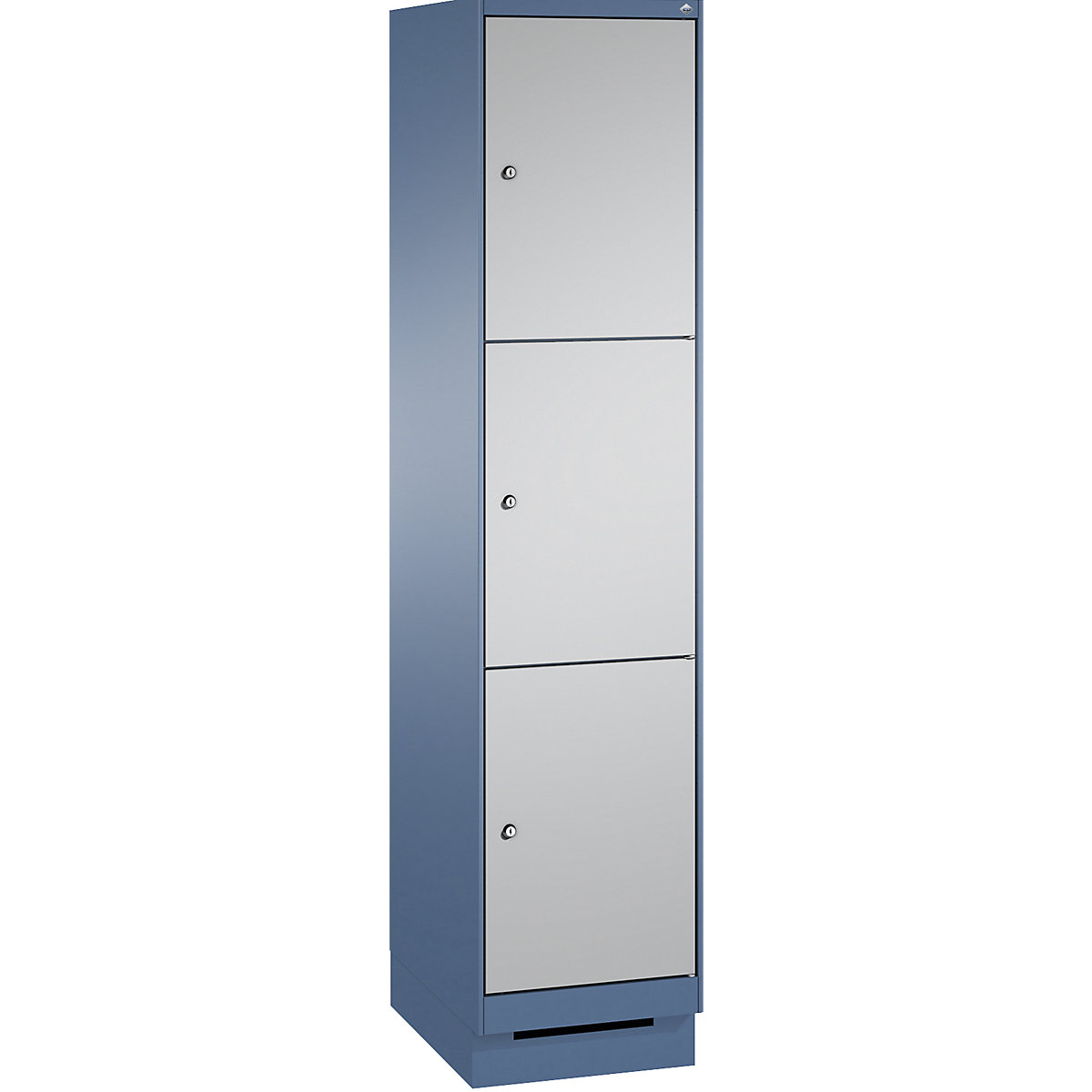 EVOLO locker unit, with plinth – C+P, 1 compartment, 3 shelf compartments, compartment width 400 mm, distant blue / white aluminium-5