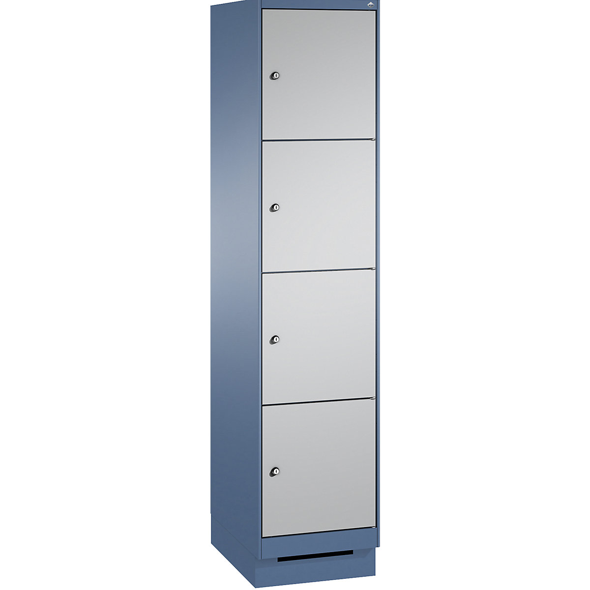 EVOLO locker unit, with plinth – C+P, 1 compartment, 4 shelf compartments, compartment width 400 mm, distant blue / white aluminium-8