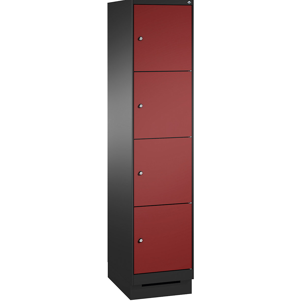 EVOLO locker unit, with plinth – C+P, 1 compartment, 4 shelf compartments, compartment width 400 mm, black grey / ruby red-13
