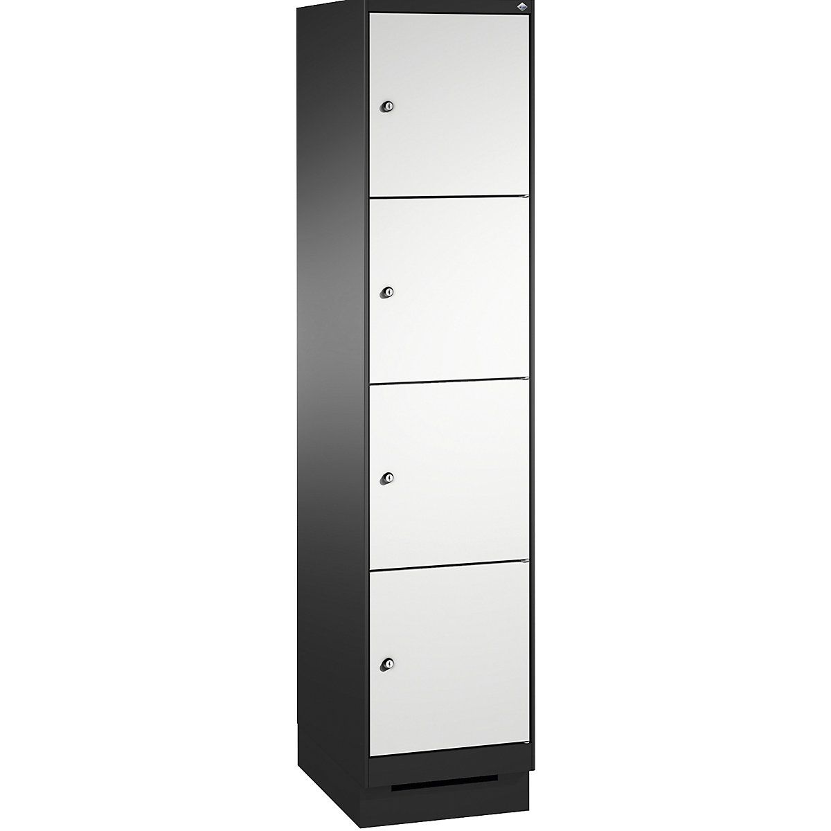 EVOLO locker unit, with plinth – C+P, 1 compartment, 4 shelf compartments, compartment width 400 mm, black grey / light grey-6