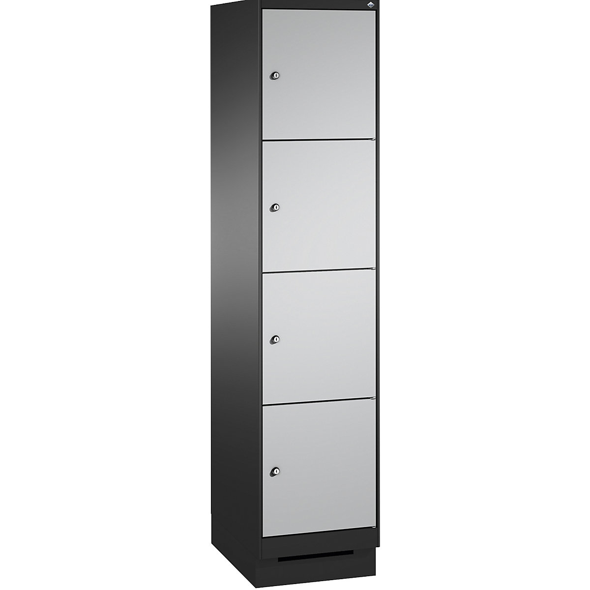 EVOLO locker unit, with plinth – C+P, 1 compartment, 4 shelf compartments, compartment width 400 mm, black grey / white aluminium-15