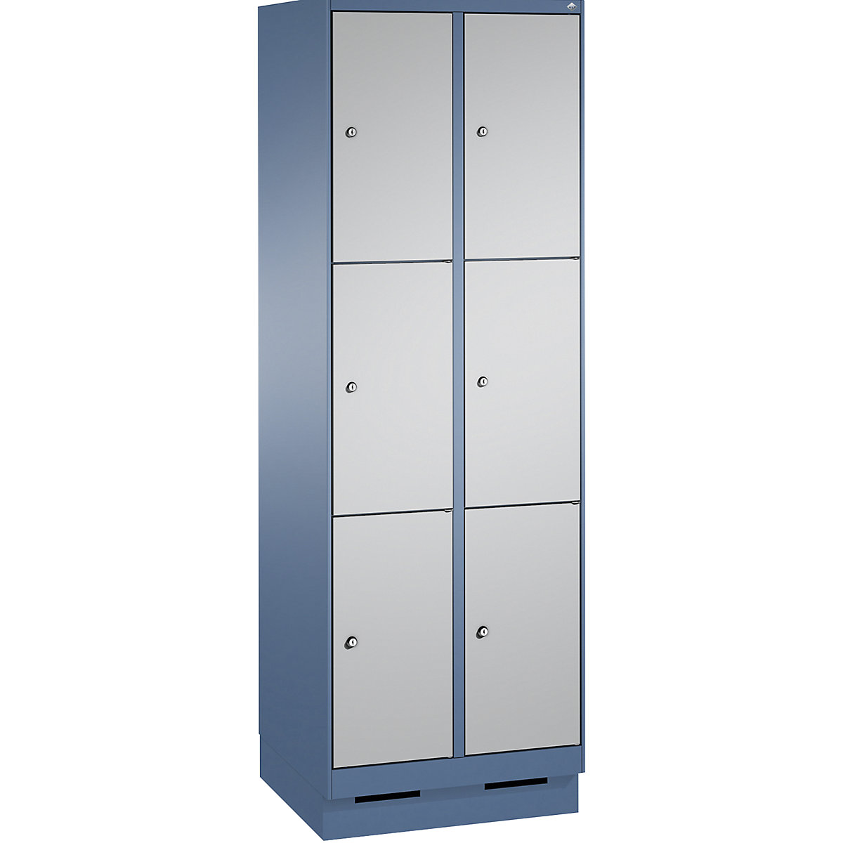 EVOLO locker unit, with plinth – C+P, 2 compartments, 3 shelf compartments each, compartment width 300 mm, distant blue / white aluminium-9