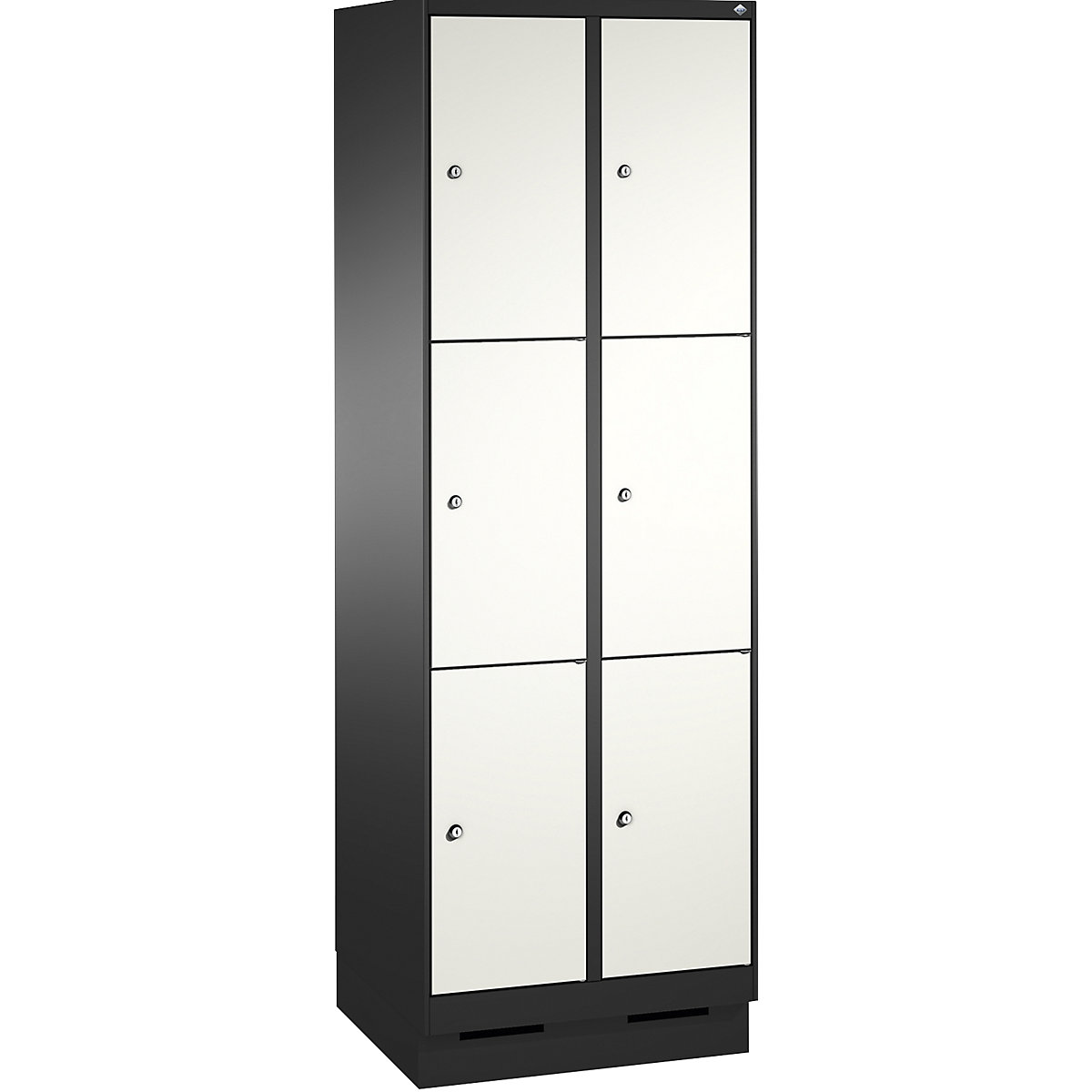 EVOLO locker unit, with plinth – C+P, 2 compartments, 3 shelf compartments each, compartment width 300 mm, black grey / traffic white-4
