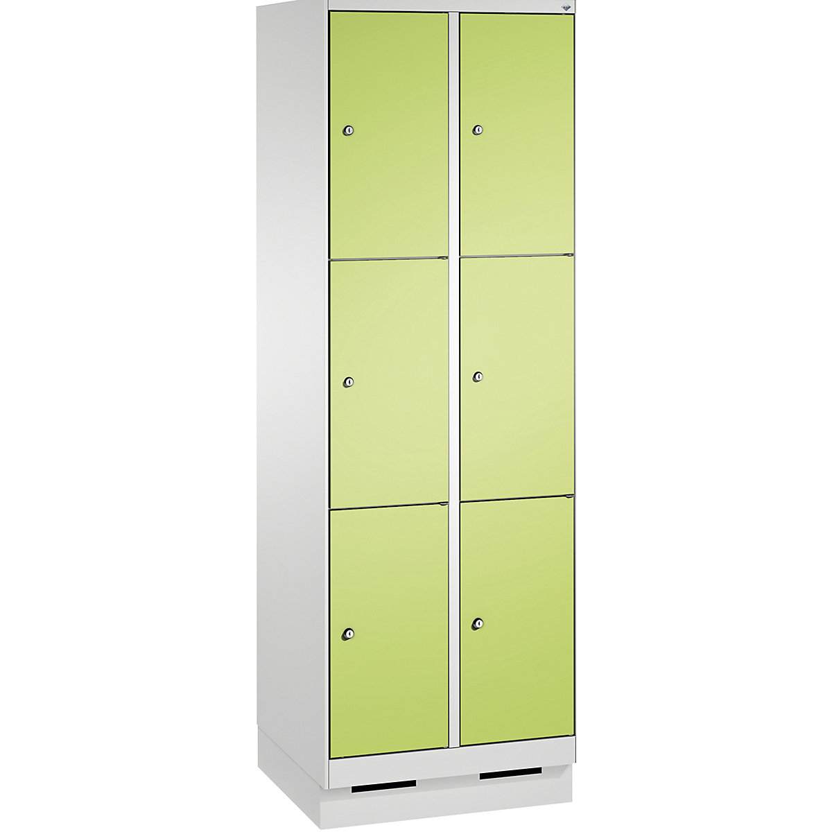 EVOLO locker unit, with plinth – C+P, 2 compartments, 3 shelf compartments each, compartment width 300 mm, light grey / viridian green-12