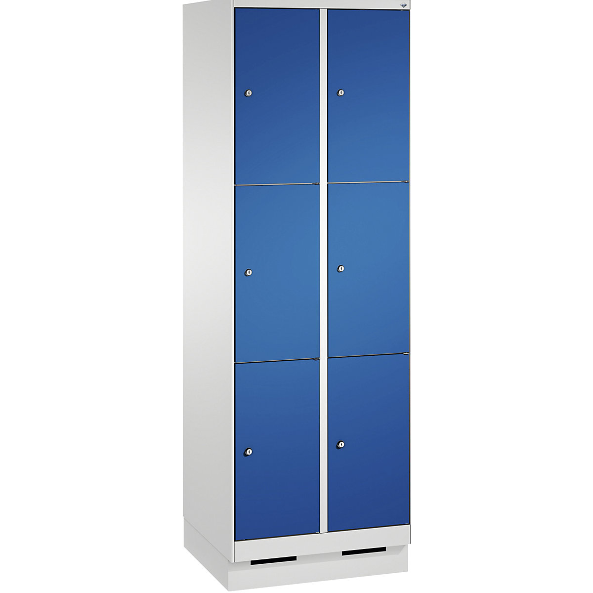 EVOLO locker unit, with plinth – C+P, 2 compartments, 3 shelf compartments each, compartment width 300 mm, light grey / gentian blue-6