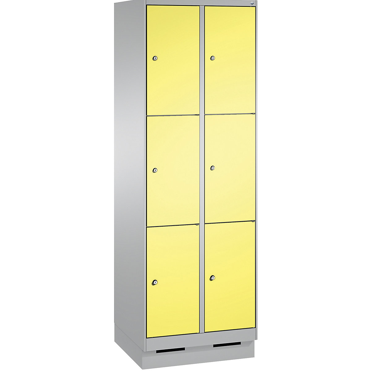 EVOLO locker unit, with plinth – C+P, 2 compartments, 3 shelf compartments each, compartment width 300 mm, white aluminium / sulphur yellow-1