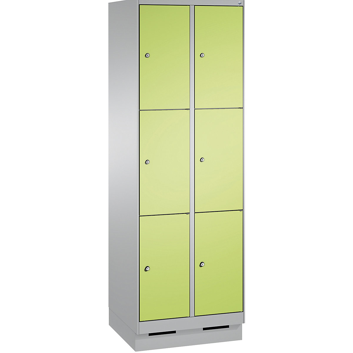 EVOLO locker unit, with plinth – C+P, 2 compartments, 3 shelf compartments each, compartment width 300 mm, white aluminium / viridian green-5