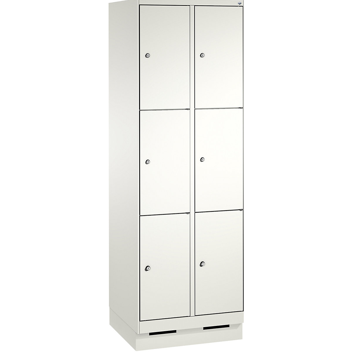 EVOLO locker unit, with plinth – C+P, 2 compartments, 3 shelf compartments each, compartment width 300 mm, traffic white / traffic white-3