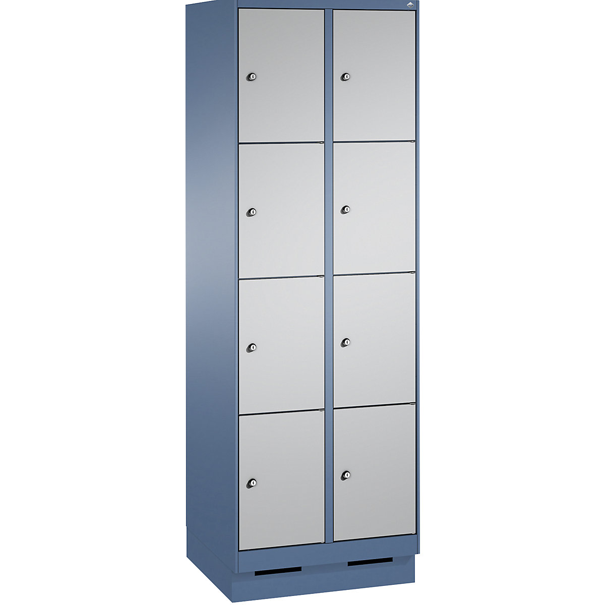 EVOLO locker unit, with plinth – C+P, 2 compartments, 4 shelf compartments each, compartment width 300 mm, distant blue / white aluminium-6