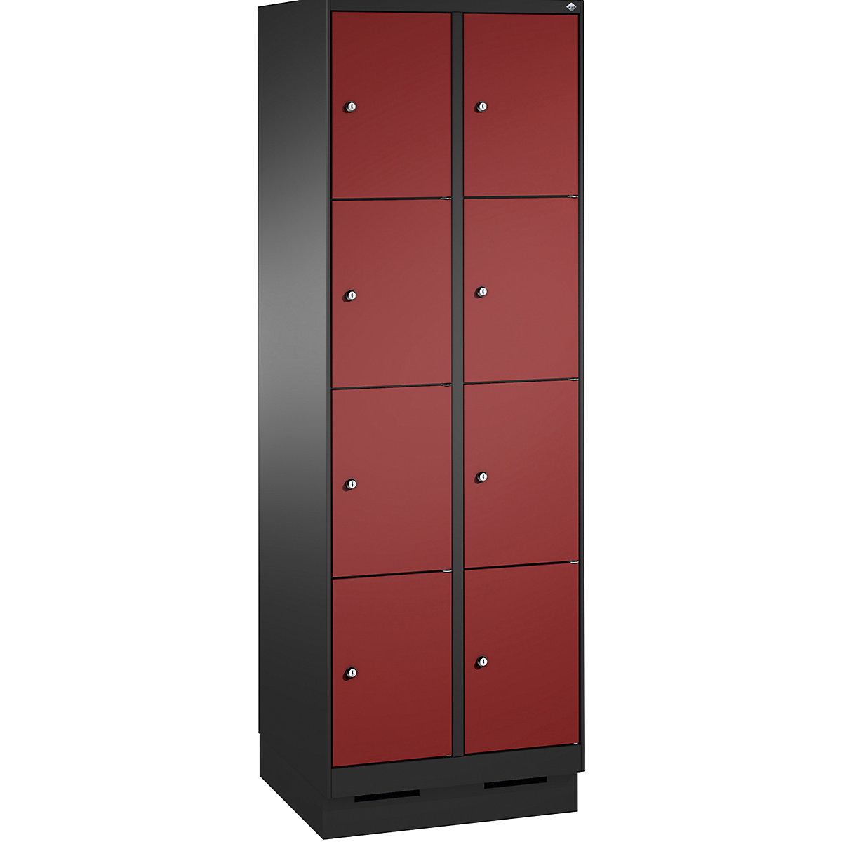 EVOLO locker unit, with plinth – C+P, 2 compartments, 4 shelf compartments each, compartment width 300 mm, black grey / ruby red-3