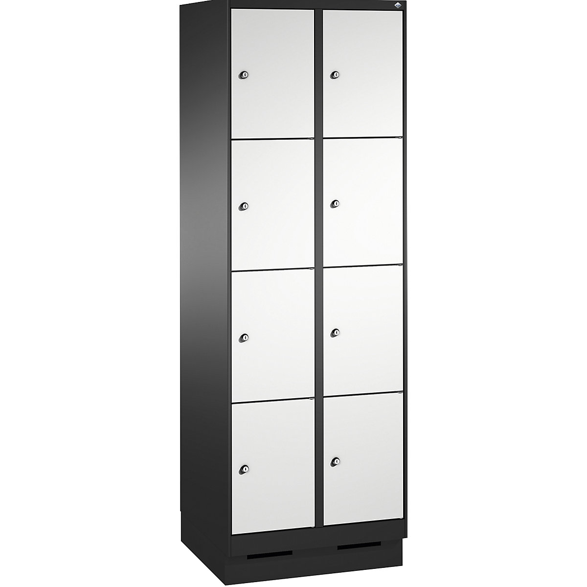 EVOLO locker unit, with plinth – C+P, 2 compartments, 4 shelf compartments each, compartment width 300 mm, black grey / light grey-11