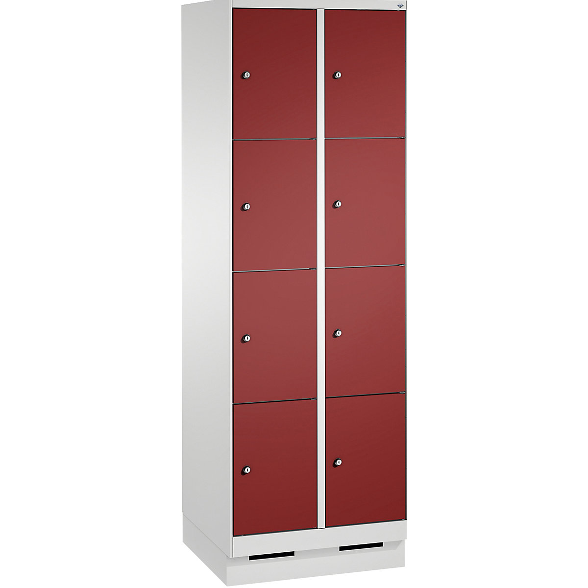 EVOLO locker unit, with plinth – C+P, 2 compartments, 4 shelf compartments each, compartment width 300 mm, light grey / ruby red-4