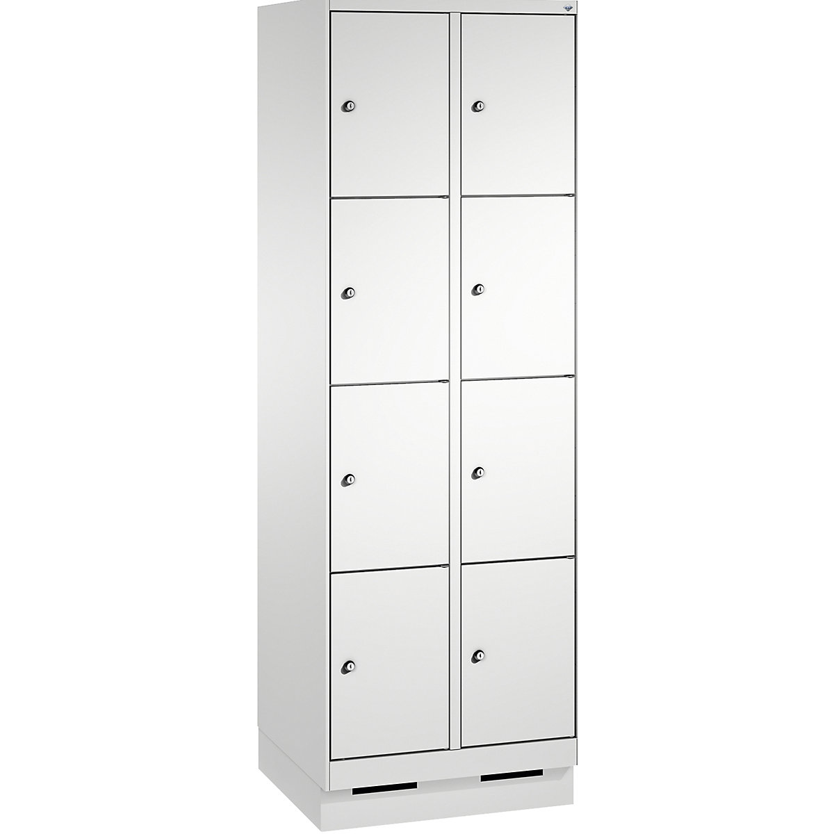 EVOLO locker unit, with plinth – C+P, 2 compartments, 4 shelf compartments each, compartment width 300 mm, light grey / light grey-8
