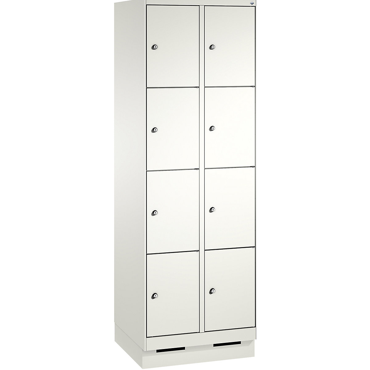 EVOLO locker unit, with plinth – C+P, 2 compartments, 4 shelf compartments each, compartment width 300 mm, traffic white / traffic white-2